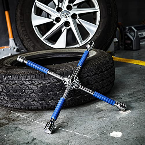 CARTMAN 16 Inch Heavy Duty Non-Slip 4-Way Universal Cross Lug Wrench | Non-slip grip ensures secure hold while loosening lug nuts, robust cross structure for effortless roadside tire replacement - size: 16" Blue
