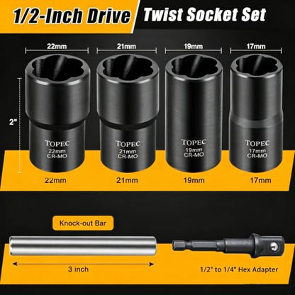 Topec 6PCS Wheel Lock Removal Kit, 1/2-Inch Drive Lug Nut Removal Tool, 17,19,21,22mm Stripped Lug Nut Remover, Extractor Socket Set for Broken, Damaged, Rounded Bolts - size: 6 PCS