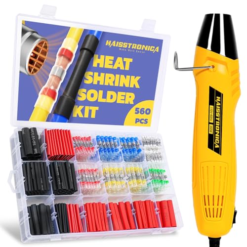 haisstronica 560 PCS All in One Set with Solder Seal Wire Connectors,3:1 Heat Shrink Tubing and Heat Gun,Solder Sticks Wire Terminals Electrical Connectors for Automotive, Marine, Trailer Wiring - size: 560 PCS