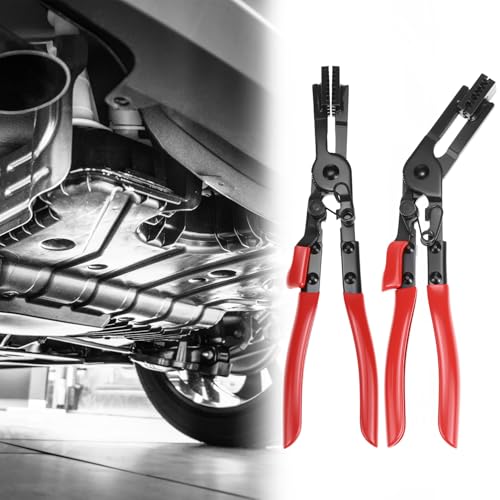 QWORK 2Pcs Multi-Angle Hose Clamp Plier Set, Heavy Duty Locking Hose Clamp Tool for Automotive Fuel Coolant Oil Pipe, Reinforced Carbon Steel Spring Button Pliers for Rusted Aging Clamps