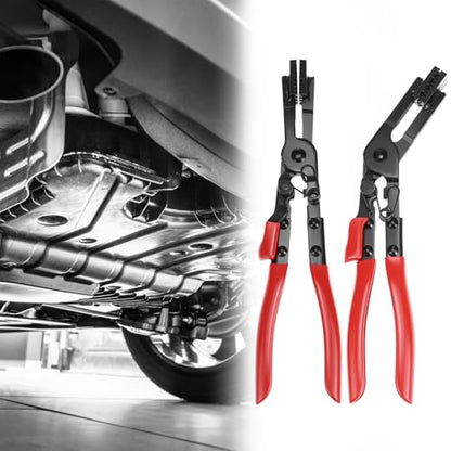 QWORK 2Pcs Multi-Angle Hose Clamp Plier Set, Heavy Duty Locking Hose Clamp Tool for Automotive Fuel Coolant Oil Pipe, Reinforced Carbon Steel Spring Button Pliers for Rusted Aging Clamps