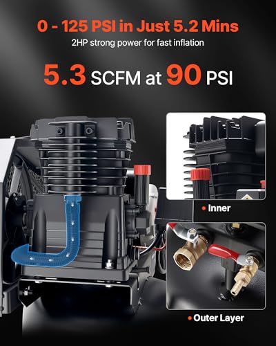 VEVOR 30 Gallons Air Compressor, 2HP 5.3SCFM at 90PSI, Max 125PSI Pressure Oil-Lubricated Air Compressor Tank, Portable on Wheels for Auto Repair,Tire Inflation,Spray Painting,Woodwork Nailing,120V - size: 30-Gallon
