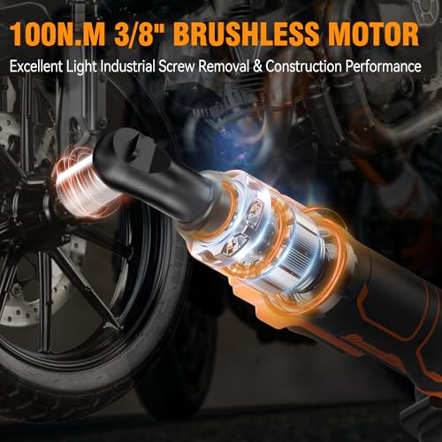 Protmex 3/8" Electric Cordless Ratchet Wrench Set (Brushless) | 74 FT-LBS (100 N.m), 400 RPM Variable Speed, LED Light, 21V with 2 x 2.0Ah Batteries, 1/4 Adaptor, 3" Extension Bar