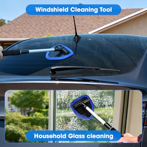 Windshield Cleaner Tool, Car Interior Cleaning Kit with Extendable Handle and 3 Reusable Microfiber Pads, Auto Glass Wiper and Detailing Brush Kit for Car & Home Window, Blue - color: Blue