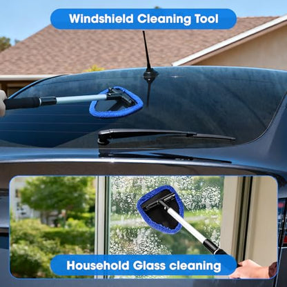 Windshield Cleaner Tool, Car Interior Cleaning Kit with Extendable Handle and 3 Reusable Microfiber Pads, Auto Glass Wiper and Detailing Brush Kit for Car & Home Window, Blue - color: Blue