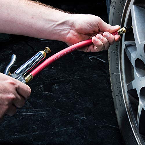 Steelman Straight Air Chuck Tire Inflator with Built-in Gauge and 12-inch Hose, Measures 10-90 PSI, Push-on Chuck, Steel Casing with Brass Fittings - color: Red