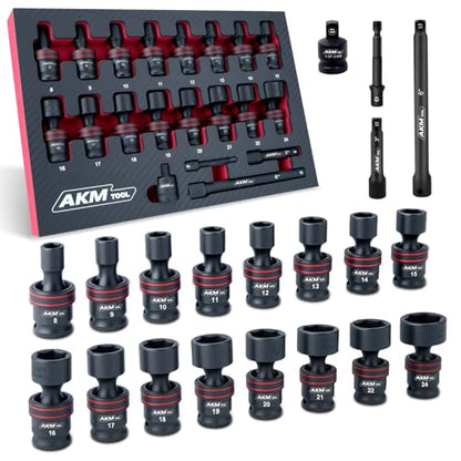 3/8" Drive Universal Impact Socket Set, 20 Piece Swivel Socket Set, Universal Joint Socket 6-Point, Metric, 8-24mm, Cr-Mo,with Extension Bars, Socket Adapter, Drill Bit Adapter