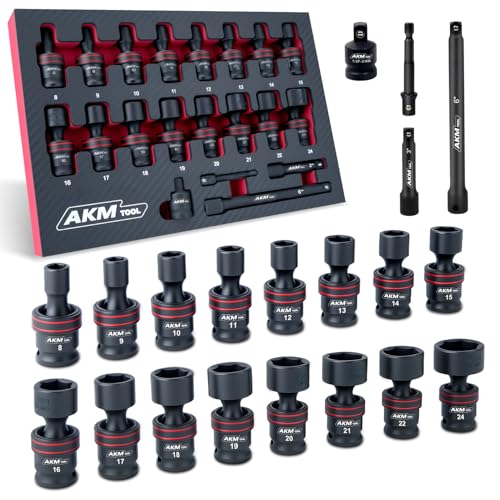 3/8" Drive Universal Impact Socket Set, 20 Piece Swivel Socket Set, Universal Joint Socket 6-Point, Metric, 8-24mm, Cr-Mo,with Extension Bars, Socket Adapter, Drill Bit Adapter