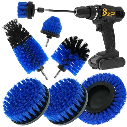 8 Pcs Drill Brush Attachment Set, Power Cleaning Scrub Brush Kit with Extend Long Attachment, All Purpose Drill Scrub Brushes for Car, Grout, Floor, Tub, Bathroom and Kitchen (Blue) - color: Blue