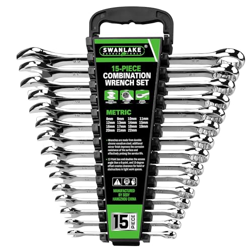 SWANLAKE 15-Piece Metric Combination Wrench Set, 12-Point Max Torque Open End Wrench Set, Cr-V Steel Wrenches 8, 9, 10, 11, 12, 13, 14, 15, 16, 17, 18, 19, 20, 21, 22mm with Storage Rack - style: 15pcs Metric Combination