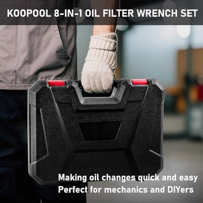 KOOPOOL 8Pc Oil Filter Wrench Set – Fits 2-3/4" to 5-1/4" | 8-piece oil filter removal tool set: 2 adjustable pliers (9" & 12"), swivel wrenches, adapter. Organized in storage case