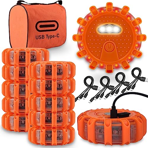 Ecoangel USB-C Rechargeable LED Road Flares Emergency Lights for Vehicles | Large-Size, Waterproof & Crushproof, 9 SOS flash modes, magnetic base, for Vehicles & Boat, USB-C rechargeable, 3 in 1 Cable - color: 12 PACK USB C High Power