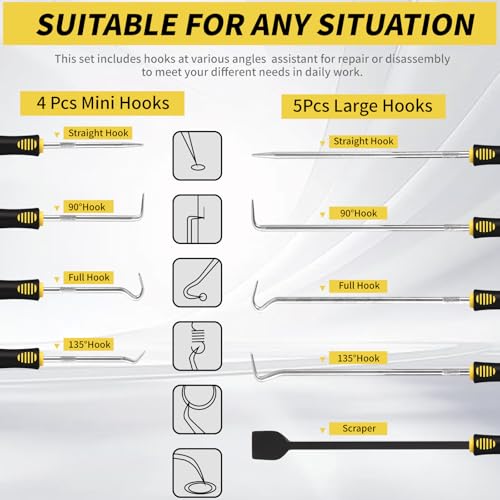 9PCS Hook and Pick Tool Set with Scraper- Automotive Pick Set | Automotive Pick Set with Metal Pick Tools & Ergonomic Grip, Mechanic Tool Set for Car Repair, O-Rings, Gaskets, Tight Spaces - color: yellow