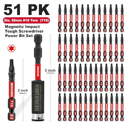 Geinxurn 51 Pieces T10 Impact Tough Magnetic Screwdriver Bit Set, 2 In. #10 Torx Head Power Bit Set, S2 Alloy Steel T10 Star Bit with 1Pcs Impact Bit Holder - size: 2"-51PCS, style: T10
