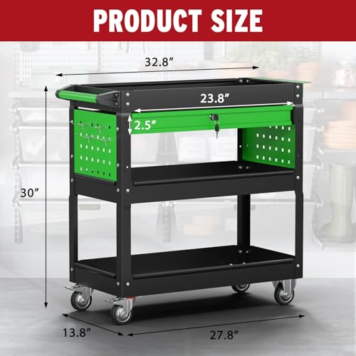 3 Tier Rolling Cart, Heavy Duty Utility Industrial Service Carts on Wheels, Metal Tool Cart with Locked Drawers, Ideal for Garage, Warehouse and Repair Shop (Black&Green) - color: Black&green