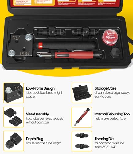 Low Profile Brake Flaring Tool Kit - Professional Single & Double Flare Tool for 3/16", 1/4", 4.75mm (3/16") Brake Lines - Fits Tight Spaces, Replaces Lisle 33260