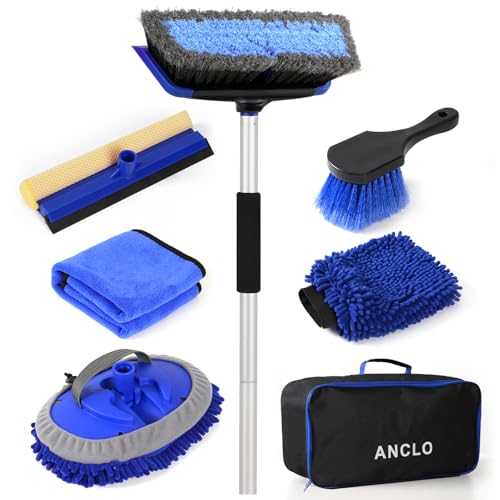 62'' Car Wash Brush with Long Handle, Scratch-Free Car Wash Mop Kit with Wheel Tire Brush, Wash Mitt Towel, Windshield Squeegee, Car Cleaning Brush Kit for Cars RV Truck Boat