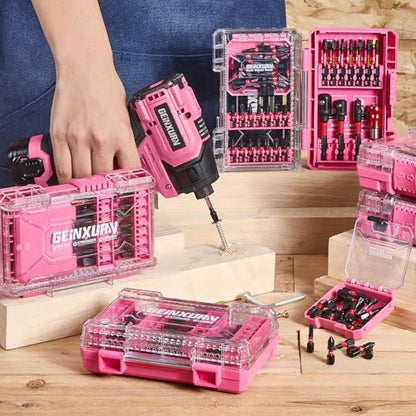 Geinxurn 55Pcs S2 Steel Magnetic Impact Bit Set | Phillips, slotted, square, Torx bits; impact-rated holder & socket adapter, pink case - style: STKB055A-PK