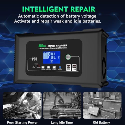 35Amp Car Battery Charger, 12V 35A/24V 18A Lithium LiFePO4 Lead Acid AGM/Gel Charger, Battery Desulfator, Trickle Charger/Maintainer for Car Boat Motorcycle Truck Lawn Mower