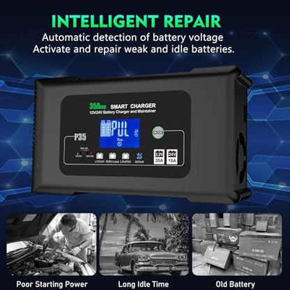 35Amp Car Battery Charger, 12V 35A/24V 18A Lithium LiFePO4 Lead Acid AGM/Gel Charger, Battery Desulfator, Trickle Charger/Maintainer for Car Boat Motorcycle Truck Lawn Mower