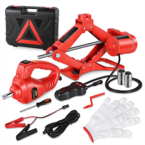 DNA Motoring 3T Portable Electric Scissor Lift Jack Kit - 4.7'' - 13.8''(12-35cm) 12V Lifting Range Electric Car Jack & Impact Wrench for Auto Sedan SUV Repair, TOOLS-00281 - color: Red/Black, style: 3 Ton