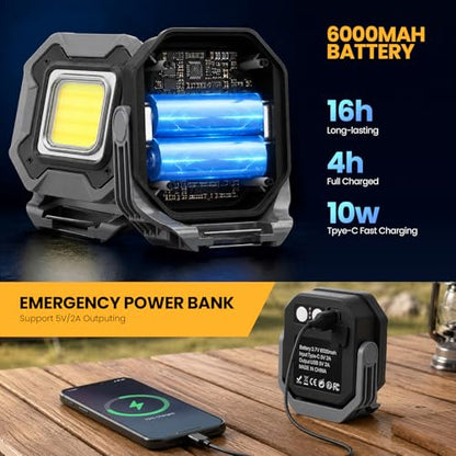 2-Pack 6000mAh Rechargeable LED Work Light, 16Hrs Long-Lasting 1200LM Waterproof Magnetic Job Site Lighting, 180° Rotating 4 Modes 6500K Work Lamp for Car Repair Mechanic Camping Fishing Emergency - color: Gray