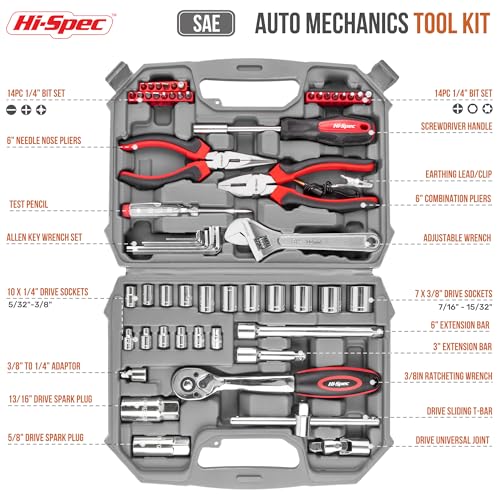 Hi-Spec Tools 67pc SAE Auto Mechanics Hand Tool Kit Set. Complete Car, Motorcycle, Engine & Garage Repairs with Sockets, Ratchet Wrench, Pliers & More - size: SAE_67 PCS