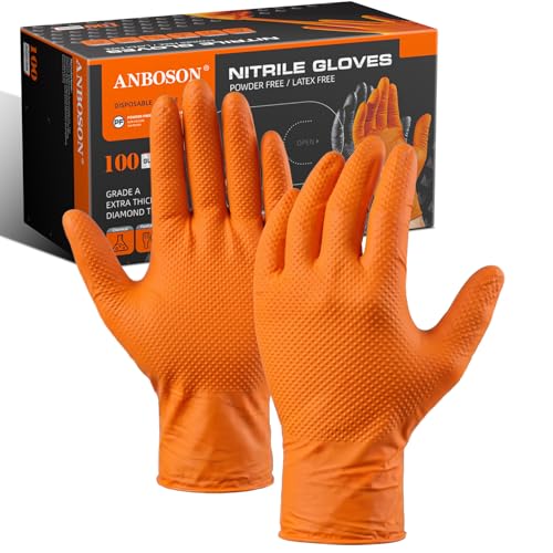 ANBOSON 10 Mil Heavy Duty Mechanic Nitrile Gloves, XLarge Orange 100 Count | Diamond Grip,Latex Free,Chemical Resistant Disposable Thick Rubber Gloves for Auto Repair, Industrial, Food, Work ,BBQ,Men - color: Orange-100, size: X-Large