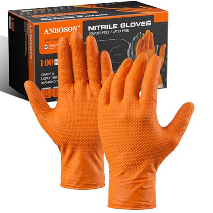 ANBOSON 10mil Nitrile-Gloves Disposable-Orange Chemical-Resistant Rubber - Mechanic Gloves Heavy Duty, Latex Free, Diamond Grip (100, Medium) | Diamond Grip,Latex Free,Chemical Resistant Disposable Thick Rubber Gloves for Auto Repair, Industrial, Food, Wo