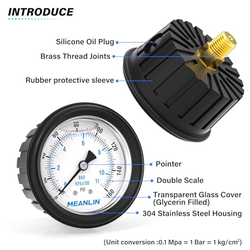 MEANLIN MEASURE 0~160Psi Stainless Steel Liquid Filled Pressure Gauge 1/4" NPT 2.5" FACE DIAL with Rubber Protective Sleeve, Center Back Mount - size: 0-160Psi