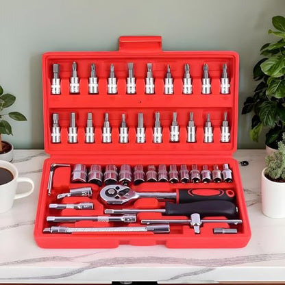 Electric Ratchet Set – 3/8 Drive Wrench Kit, 46-Piece Hand Tool Collection | Multi-Purpose Mechanic Equipment for Automotive, Marine, DIY and Home Projects - color: Red
