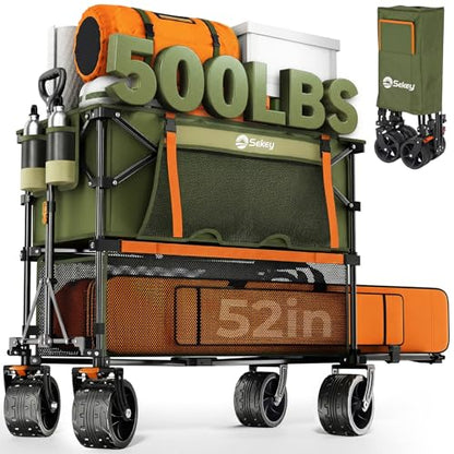 Sekey 500LBS Heavy Duty Double Decker Wagon with Extender, 400L Large Capacity Collapsible Garden Cart Fits 10x10 Canopy, All-Terrain Big Wheels with Brakes, Foldable Utility Wagon for Sports, Camping - color: Army Green