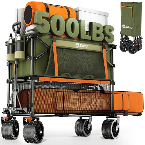 Sekey 500LBS Heavy Duty Double Decker Wagon with Extender, 400L Large Capacity Collapsible Garden Cart Fits 10x10 Canopy, All-Terrain Big Wheels with Brakes, Foldable Utility Wagon for Sports, Camping - color: Army Green