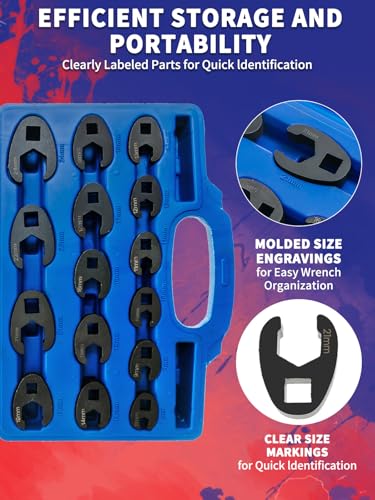 Crows Foot Wrench Set 15pc Metric Crows Foot Wrench Sizes 8mm-24mm for 3/8" and 1/2" Drive Ratchets Extenders