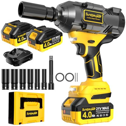 1/2" Cordless Impact Wrench - 1107Ft-lbs（1500N·m）21V 3 Speed High Torque Brushless Impact Gun with 2 x 4.0Ah Batteries & Charger & 6 Sockets & 5" extension bar for Tire Removal Rusted Bolts