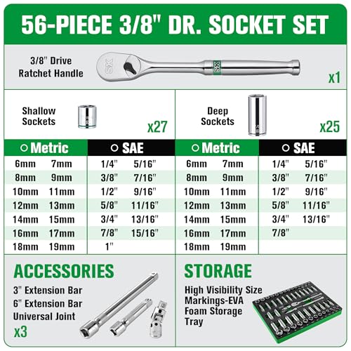 SK 3/8" Drive Socket Set with 90-Tooth Ratchet, SAE & Metric, CR-V Steel | 56-Piece Sockets, SuperKrome Finish, Heat Treated, with EVA Foam Tool Organizer - size: SAE & Metric