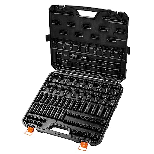 VEVOR Impact Socket Set 3/8" Drive, 90 PCS, CR-MO, SAE 1/4"-3/4" Metric 6-19mm, with Shallow & Deep Sockets, Swivel & E-Torx & Bit socket Sockets, Extension Bars, Adapters, Universal Joint - style: 3/8" 90PCS Swivel CR-MO