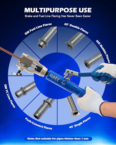 OMT Hydraulic Flaring Tool Kit, Brake Line Flaring Tool with Cutter | 45-Degree Single & Double Flaring Dies for 3/16-1/2in & ISO 4.75-10mm, Tubing Cutter, Deburring Tool, 42CrMo Steel Yoke