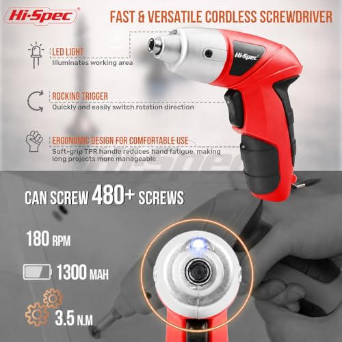 Hi-Spec 3.6V USB Small Power Screwdriver & Home DIY Tool Kit with Case, Red | 19pc, fast assembly help, common screw bit selection, LED visibility, compact grip, quick household fixes, organized storage - color: Light Red