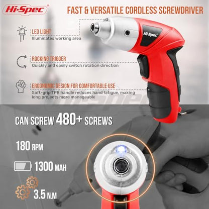 Hi-Spec 3.6V USB Small Power Screwdriver & Home DIY Tool Kit with Case, Red | 19pc, fast assembly help, common screw bit selection, LED visibility, compact grip, quick household fixes, organized storage - color: Light Red