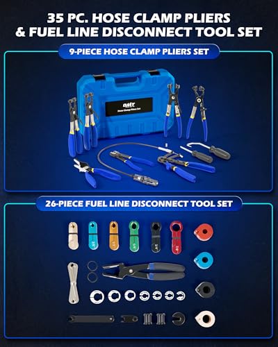 OMT 35pc Master Disconnect & Hose Clamp Pliers Tool, Car AC Fuel Line Kit | Auto Long Reach Hose Clamp Remover Kit with Clic R Type Swivel Jaw, Fuel A/C Disconnect Pliers For Ford Chevy Dodge Vehicles
