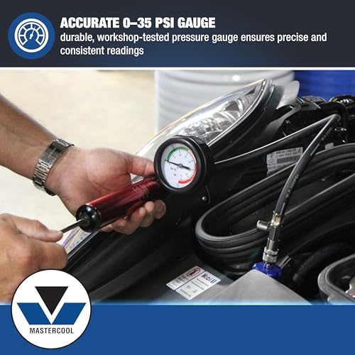 Mastercool 43301-A 27‑Piece Radiator Pressure & Vacuum System Kit – Professional Leak Tester & Coolant Refill Tool with Durable Gauge and 19 Adapter Set (0–35 psi)