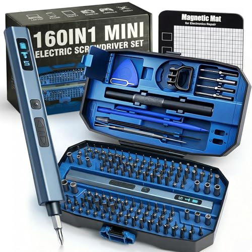 160 in 1 Mini Electric Screwdriver Set: Cordless Precision Power Tool Kit | 140 S2 Magnetic Bits, 5 Torque Settings, 4 LED Lights, Storage Case, PC Electronics Repair, Men's Tech Gift - color: Blue-160in1