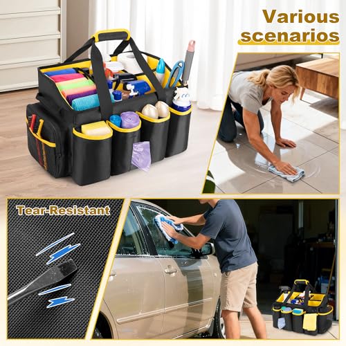 PGmoon Extra-Large Cleaning Caddy Organizer with Handle, Cleaning Supplies Tote Bag Built-in Support Boards, Cleaning Tool Storage for Car, Home, Housekeeping Work, Kitchen Cleaning Supplies