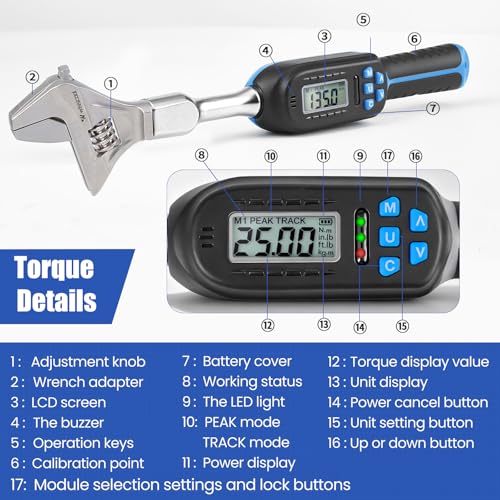 Wisscool Adjustable Digital Torque Wrench, 5-99.6 ft.lb/6.8-135 N.m | Hvac Torque Wrench with 42mm Jaw, ±2% Accuracy, Vibration, Buzzer and LED Indicator for Split AC, Moto, Car - size: 42mm Jaw/5-99.6 ft.lb