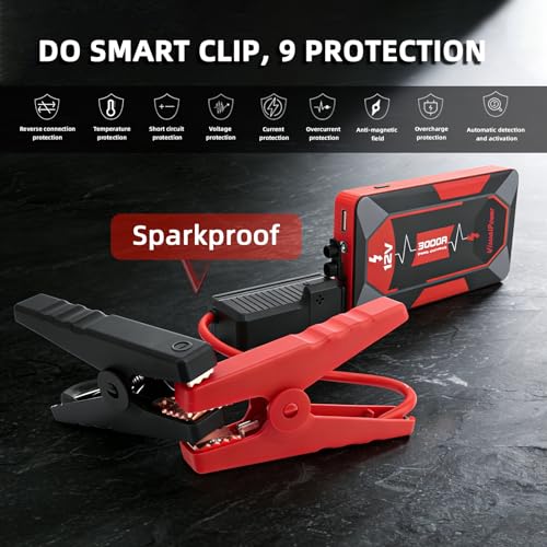 3000A Jump Starter for 6.0L Gas 4.0L Diesel Battery Jumper Box | 3000A peak current; fits glove box with hard case; 9 safety protections; power bank function; 3-mode LED light - color: red