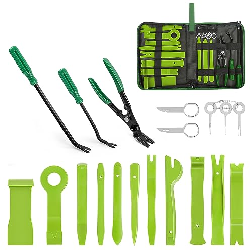 GOOACC 19Pcs Trim Removal Tool Set with Storage Bag | Fastener Clip Removers Auto Plastic Trim Tools Upholstery Pliers & Terminal Tools for Car Panels Audio Systems Green - color: Green