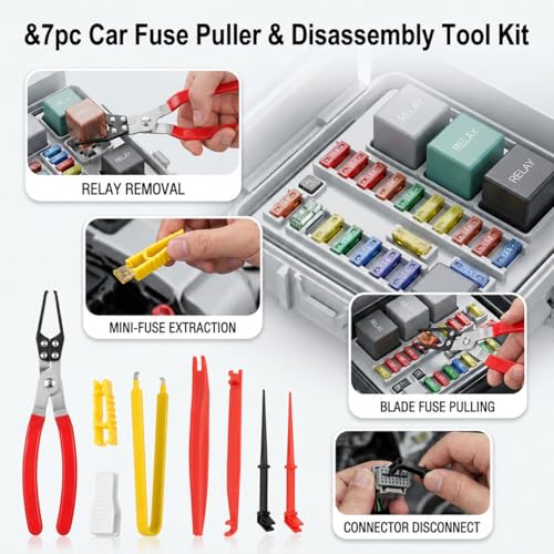 7PCS Relay and Fuse Puller Tool Set, Heavy Duty Automotive Pliers | For removing car fuses and relays, Non-slip electrical removal kit for tight spaces