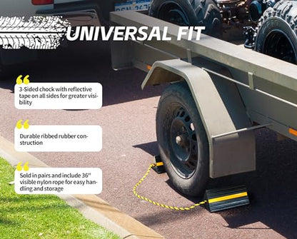 MaxxHaul 50019 Heavy Duty 3-Sided Rubber Wheel Chock with Yellow Reflective Strips and Nylon Rope and Non-Slip Base - 1 Pair - style: Rubber Wheel Chock