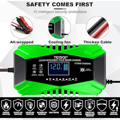 Battery Charger,12-Amp 12V/24V Smart Battery Trickle Charger | Automotive Battery Maintainer Desulfator,with Temperature Compensation,for Car Motorcycle Mower Lead Acid/LiFePO4
